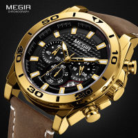 MEGIR Mens Leather Strap Quartz Watches Waterproof Luminous Army Sports Chronograph Wristwatch Man Relogios Clock 2094 Gold