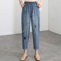 【มีไซส์ใหญ่】Plus Size M-2XL Womens Jeans Elastic Waist Floral Embroidery Vintage Ankle Denim Pants