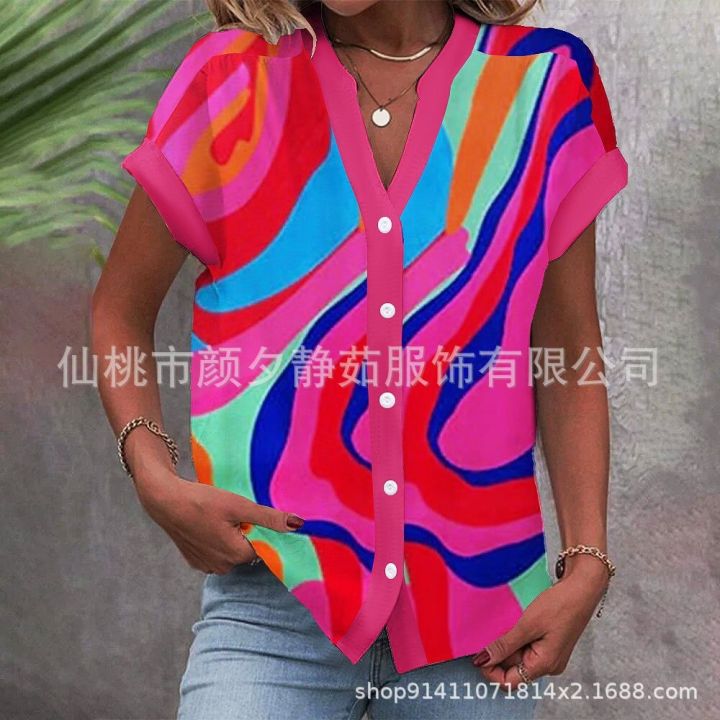 vogue-of-new-fund-of-2023-foreign-trade-printing-double-breasted-collar-short-sleeve-shirt-of-female-leisure-garment