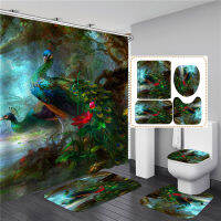 3D Pea Printed Bathroom Set Shower Curtain Waterproof Animal Elegant Bath Screen with Anti-slip Bathing Mats Rugs Flannel