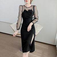 【HOT】☾✑ French Dot Mesh Stitching Dresses for 2023 Office Ladies Pleated