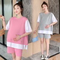 【DT】hot！ Cotton Patchwork Maternity Clothing Sets Loose Tees Belly Shorts Suits for Pregnancy