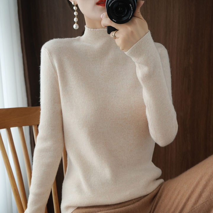 new autumn and winter Siping semi-high long-sleeved wool knit sweater loose womens bottoming shirt