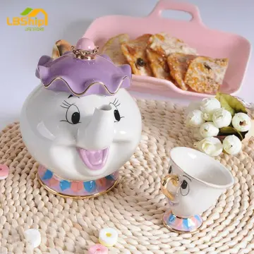 Disney Beauty and The Beast Mrs. Potts Teapot Set with 2 Chip Cups and Saucers
