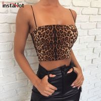 InstaHot Leopard Sexy Spaghetti Strap Camis Tiger Printed Crop Top Sleeveless Casual Party Club Streetwear Summer Tee Top 2019