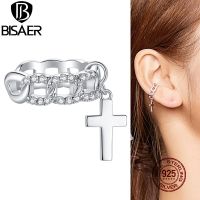 BISAER Cross Ear Clip Real 925 Sterling Silver Bright Zircon Clip Earrings For Women Original Design Simple Jewelry EFE398