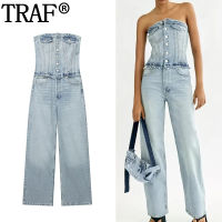 TRAF ปิดไหล่สีฟ้า Jean ผู้หญิง Jumpsuit ฤดูร้อน Denim Jumpsuit ผู้หญิง Ruched ผู้หญิงยาว Overalls Streetwear Backless Jumpsuit