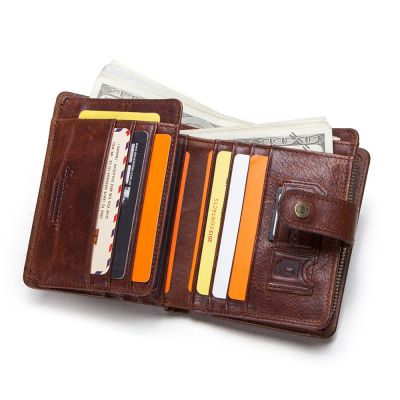 Genuine leather vintage RFID wallet men with coin pocket short wallets small zipper wallet with card holders man purse