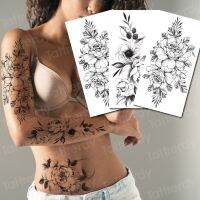 Rose Peony Flower Girls Temporary Tattoos For Women Waterproof Black Tattoo Stickers 3D Blossom Lady Shoulder DIY Tatoos Water Stickers