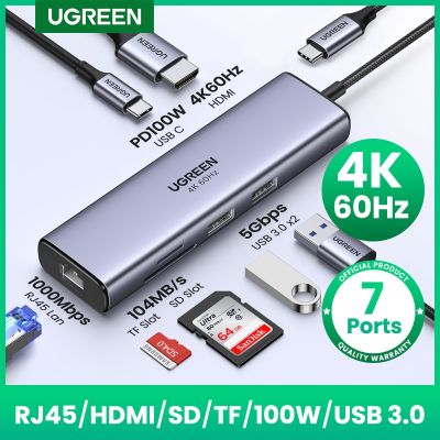 UGREEN ฮับ USB C 4K 60Hz ชนิด C เป็น HDMI 2.0 RJ45 PD 100W อะแดปเตอร์สำหรับ Macbook Air Pro Ipad Pro M2 M1 PC อุปกรณ์เสริม USB 3.0 HUB
