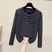 【มีไซส์ใหญ่】Plus Size Womens Long Sleeved Striped Shirts Oversized A-line Vintage Slim Tops Casual Female Top