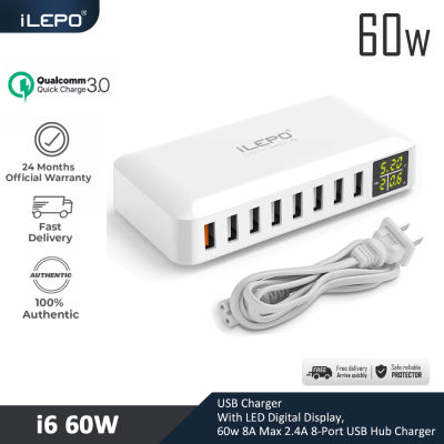 iLepo usb charger multi port 60w QC3.0 USB Charger with LED Digital Display 8-Port Charging Stations for iPhone iPad Smart Phone and Other Devices