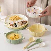 Exclusive customization Cream ins double-ear ceramic dessert bowl fruit salad bowl divided fat reduction plate baking steamed egg bowl household tableware