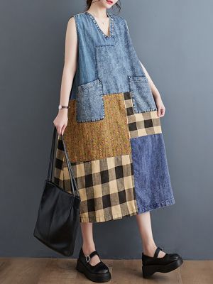 XITAO Dress Vintage Patchwork Sleeveless Denim Plaid Dress