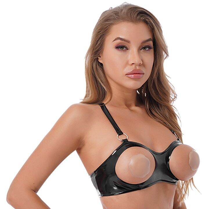 a-so-cute-women-wetpatentollow-outbra-top-sexy-half-cupnipplesadjustable-straps-unlined-bralette