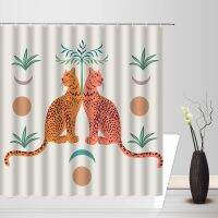 Leopard Shower Curtains Tropical Jungle Wildlife Animals Leaves Abstract Moon Sun Mid Century Vintage Bathroom Decor with Hooks