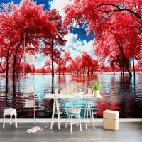 Customiz 3d Red Forest Sea Water Landscape วอลล์เปเปอร์สติกเกอร์ภาพจิตรกรรมฝาผนังห้องนอนเด็กห้องนั่งเล่นเด็กตกแต่งบ้าน Self-Adhesive Wall Decor กระดาษ