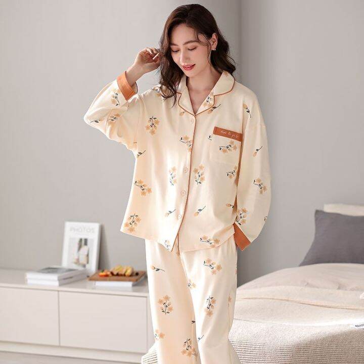 muji-high-quality-2023-new-pajamas-spring-and-autumn-womens-pure-cotton-pajamas-long-sleeved-can-be-worn-outside-the-high-end-home-service-large-size-suit