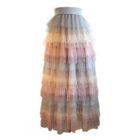 SETWIGG Spring Summer Fairy Layered Gauze Long Skirts Elastic Waist Candy Multi-color Tiered Mesh Tulle Mid-Calf Long Skirts