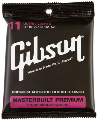 สายกีต้าร์โปร่ง ระดับพรีเมี่ยม string เบอร์ 011-.052 Ultra Lights Gibson SAG-BRS11 Masterbuilt Premium 80/20 Bronze acoustic guitar string (รุ่นพรีเมี่ยมสินค้าหายากจำนวนจำกัด)