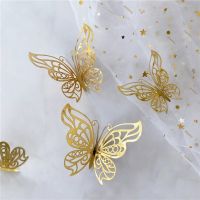 【LZ】❏  12Pcs/Set 3D Hollow Butterfly Wall Sticker Gold Silver Rose Wedding Decoration Living Room Home Decor Butterflies Decal Stickers