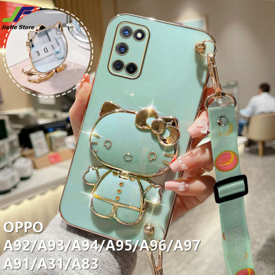 JieFie เคสโทรศัพท์เฮลโลคิตตี้น่ารักสำหรับ OPPO A92 / A93 / A94 / A95 / A96 / A97 / A91 / A31/A83เคสกระจกแต่งหน้าชุบโครเมียมเคสโทรศัพท์ TPU แบบน่มสี่เหลี่ยมหรูหรา + สายคล้องขาตั้ง