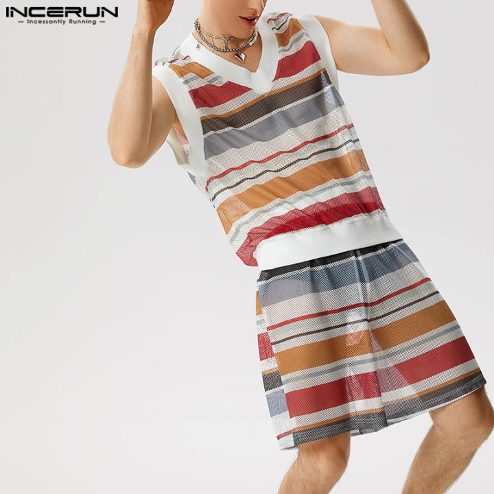 incerun-ชุดสูทแขนกุดสำหรับผู้ชาย-เสื้อแขนกุดลำลองแขนกุด-กางเกงขาสั้นลายทาง-สไตล์ตะวันตก