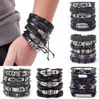 สายรัดข้อมือ Eif Dock แบบพันรอบลายหัวกะโหลกโกธิคสีดำสำหรับผู้ชายวินเทจจากเรื่อง Pirate Star สายข้อมือหนังของกลุ่มชาติพันธุ์ทำด้วยมือ
