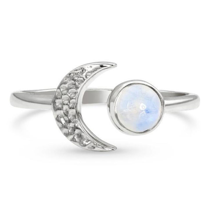แหวนเปิดทำจากหินธรรมชาติประดับคริสตัลพลอยโอปอลพลอยสีน้ำเงินแนววินเทจสีเงินดวงจันทร์