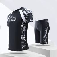 Mens Split Rash Guards Two-Piece Sets Summer Sunscreen Short-Sleeve Printing Surfing Snorkeling Suit Swimsuit Beachwear 2022