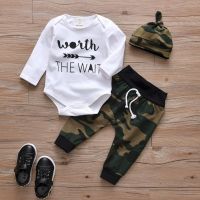 Infant Newborn Baby Boys Spring Autumn Clothes Sets Long Sleeve Bodysuits Camouflage Pants Cap 3Pcs Cool Outfits