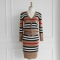 New Autumn 2 Piece Suit Ladies Winter Knitting Striped Korea Long Sleeve V Neck Tops and Mini Skirt Sexy Set for Women Clothing