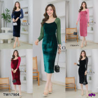 B17904 	เดรสกำมะหยี่สีพื้นแขนยาว .. Solid color velvet dress with long sleeves..