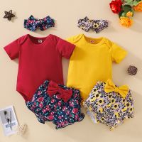 3-18 Months Baby Girls Clothes Sets Summer Short Sleeve Romper Bodysuit+Floral Printed Shorts+Headbands Infant Outfits Sets  by Hs2023