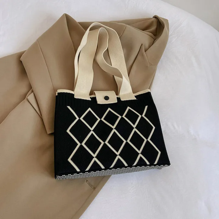 student-large-capacity-tote-bag-weave-womens-bag-versatile-line-rhombic-lattice-shoulder-bag