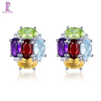 925 Sterling Silver Stud Earrings for Women Gift Natural Gemstone Garnet Peridot Blue Sky Blue Topaz