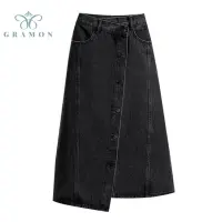 Jean Skirts Plus Size Denim Skirt For Women Autumn High Waist Button Asymmetric Black A Line Chic Lady All-match Long Jupe Femme