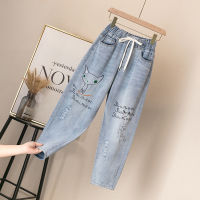 Womens Embroidered Jeans Loose Straight Elastic Waist College Style Retro Artistic High Waist Pants Spring and Autumn Pants