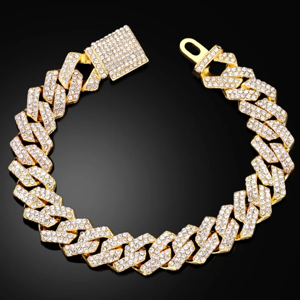 Hip Hop Iced Out Men Cuban Link Bracelet Full Rhinestone Paved