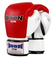 BOON Boxing gloves Compact Red White palm Genuine Leather Muay thai MMA K1 นวมซ้อมมวย บุญ มวยไทย สีแดง-ขาว ทำจากหนังแท้