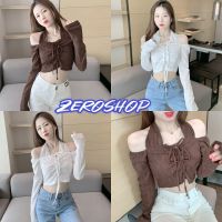 Zero shop?พร้อมส่ง? (Zero-11220)  เสื้อเปิดไหล่ไหมพรม แขนยาว ดีเทลสายผูกคล้องเก๋ๆไม่ซ้ำใคร