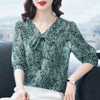 Women Spring Summer Style Chiffon Blouses Shirts Lady Casual Half Sleeve Bow Tie Collar Printed Blusas Tops DD9181