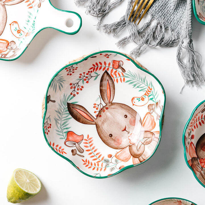 cute-rabbit-pattern-bowl-heat-resistant-nordic-style-ceramic-bakeware-plate-creative-dish-salad-pasta-dessert-bowl-set-handle