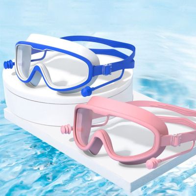 แว่นตาว่ายน้ำเด็กกันน้ำกันฝ้ากรอบใหญ่พร้อมแว่นตาที่อุดหูความคมชัดสูงแว่นตาว่ายน้ำสำหรับทุกเพศ
