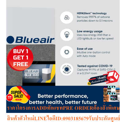 BLUEAIRเครื่องฟอกอากาศกำจัดโควิด-19ขนาด85ตารางเมตรBLUE3610เสียงดัง23DBมีเซ็นเซอร์อัจฉริยะCADRควันบุหรี่600CFMแถมSOUNDBAR