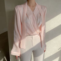 WOMENGAGA Korea Pink V-Neck Top Women Korean Long Sleeve Button Up Designer Collared Shirt Autumn Chiffon Blouse Tops Casual T9Y