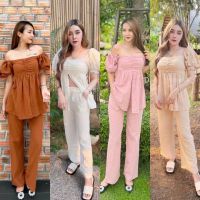 (พร้อมส่ง) ชุดเซ็ต2ชิ้น เสื้อแขนสั้นแขนตุ๊กตา+กางเกงขายาว น่ารักมาก