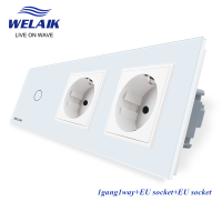 WELAIK EU 3กรอบ1 ~ 1000W 1gang1way กระจกนิรภัยแผงไฟ LED Strip Wall Touch-Switch 16A Power Socket 220V A39118E8ECW