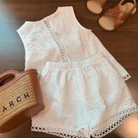 2023 Summer Children Baby Girl 2PC Clothes Set Cotton Hollow Lace Sleeveless Vest Elastic Waist Shorts Suit Toddler Girls Outfit