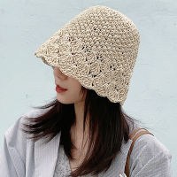 [hot]Japanese Solid Color Straw Hat Female Summer Niche Section Breathable Lace Handmade Crochet Paper Grass Bucket Hats For Women